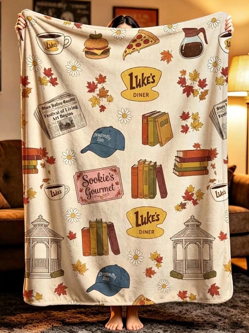 Cozy Autumn Coffee Books Fall Leaves Soft Blanket, Gift for TV Show Fan